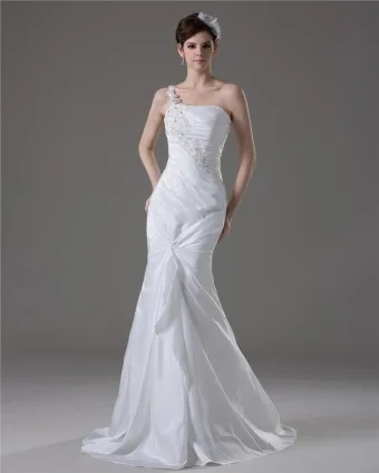 Graceful Beading Ruffles One Shoulder Floor Length Taffeta Mermaid Wedding Dress