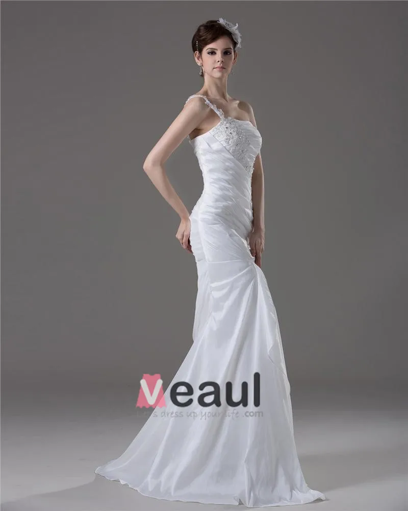 Graceful Beading Ruffles One Shoulder Floor Length Taffeta Mermaid Wedding  Dress