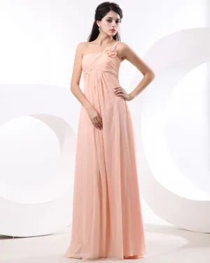 A Line One Shoulder Floor Length Satin Chiffon Bridesmaid Dress