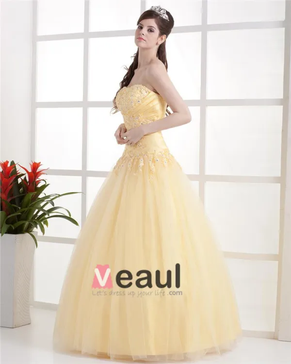 Yellow sweetheart tulle lace long prom dress yellow formal dress – dresstby