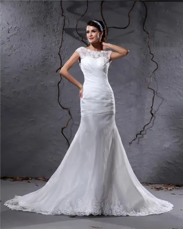 Elegant Fil Charmeuse Applique Plisse Bateau Longueur Au Sol Robe De Mariée Sirène
