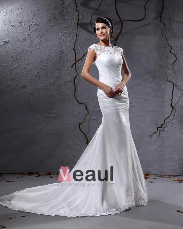 Elegant Yarn Charmeuse Applique Pleated Bateau Floor Length Mermaid Wedding Dress