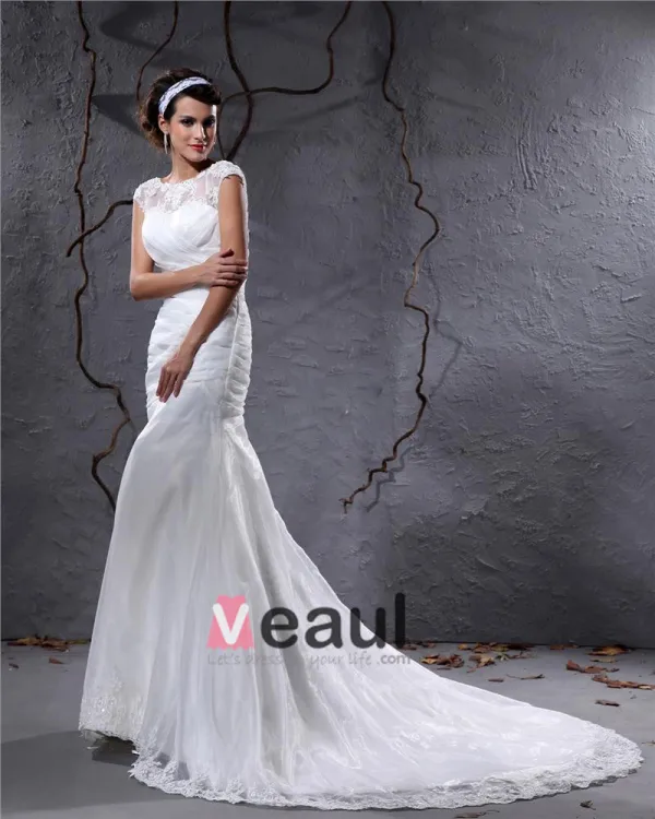 Elegant Yarn Charmeuse Applique Pleated Bateau Floor Length Mermaid Wedding Dress
