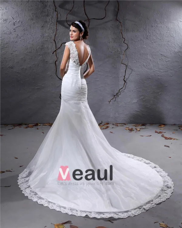 Elegant Yarn Charmeuse Applique Pleated Bateau Floor Length Mermaid Wedding Dress