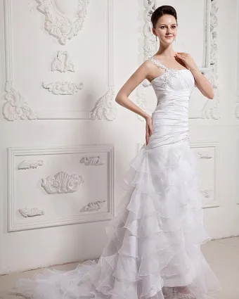 Ruffle Beaded En Skulder Organza Domstol Havfrue Brudekjoler Bryllupskjoler