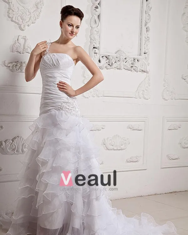 Ruffle Beaded One Shoulder Organza Court Mermaid Bridal Gown Wedding Dresses