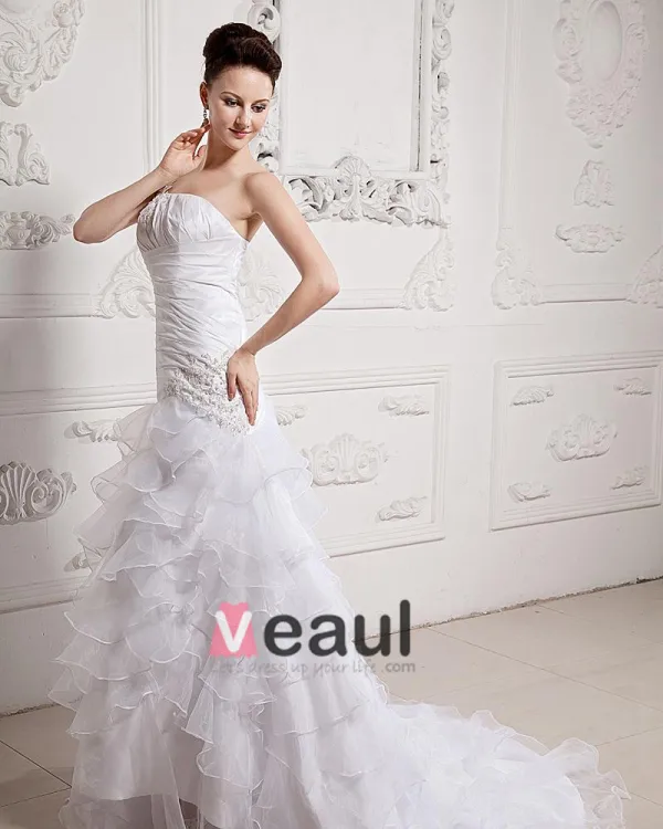 Ruffle Beaded One Shoulder Organza Court Mermaid Bridal Gown Wedding Dresses
