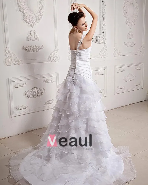 Ruffle Beaded One Shoulder Organza Court Mermaid Bridal Gown Wedding Dresses