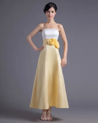 Fashion Flower Strapless Ankle Length Satin Bridesmaid Dress