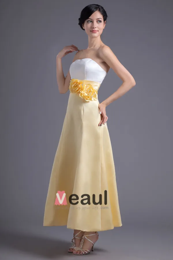 Fleur De La Mode Longueur Sans Bretelles Robe De Demoiselle D'honneur De Satin A La Cheville