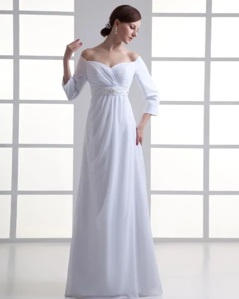 Chiffon Ruffle Beading Off The Shoulder Floor Length Pleated Empire Wedding Dress