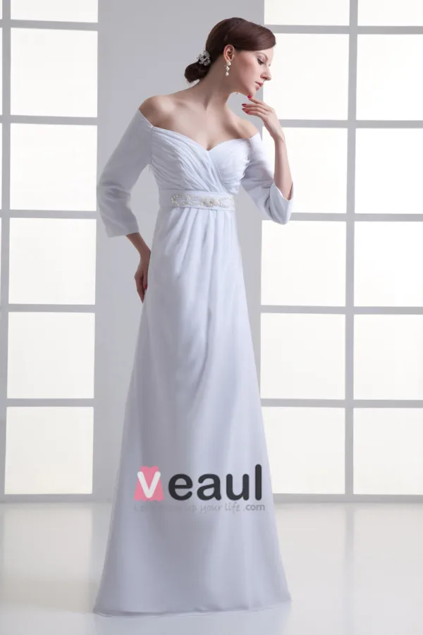 En Mousseline A Volants Perles Sur Le Sol Longueur Plisse Robe De Mariée Empire D'epaule