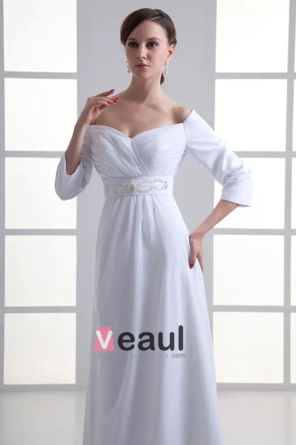 En Mousseline A Volants Perles Sur Le Sol Longueur Plisse Robe De Mariée Empire D'epaule