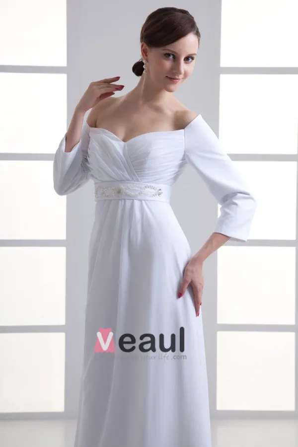 En Mousseline A Volants Perles Sur Le Sol Longueur Plisse Robe De Mariée Empire D'epaule
