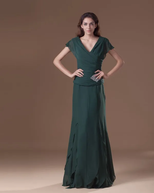 Chiffon Perler Krusning V Hals Gulv Lengde Mor Til Bruden Kjole