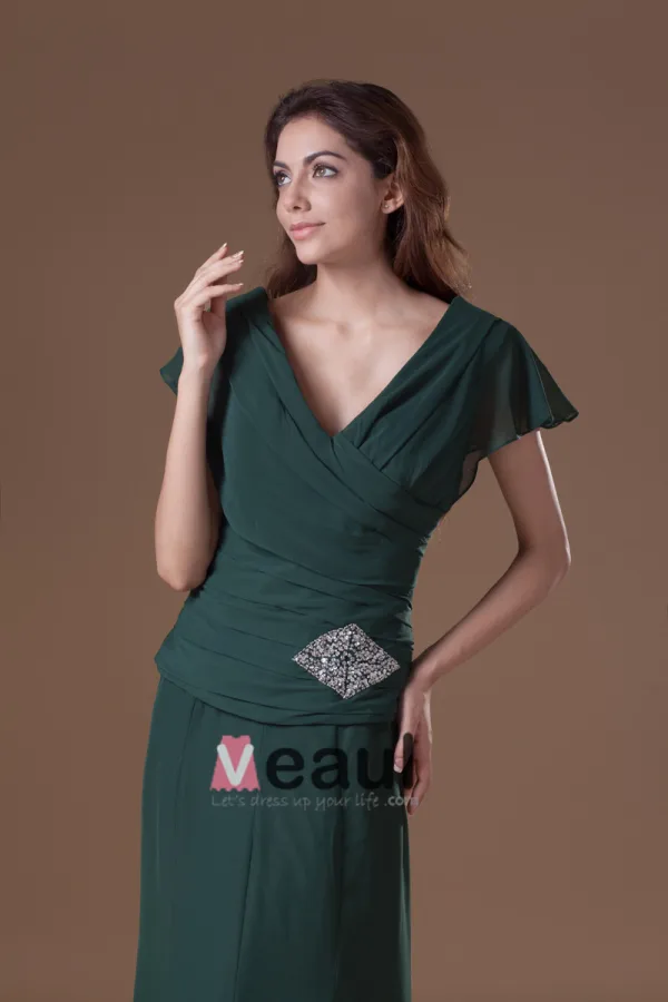 Chiffon Beads Ruffle V Neck Floor Length Mother Of The Bride Dress