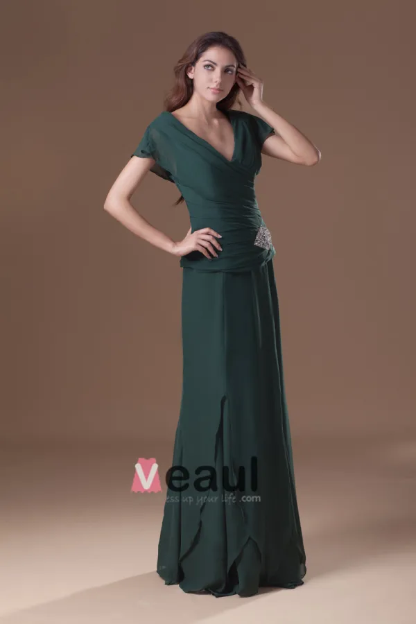 Chiffon Beads Ruffle V Neck Floor Length Mother Of The Bride Dress