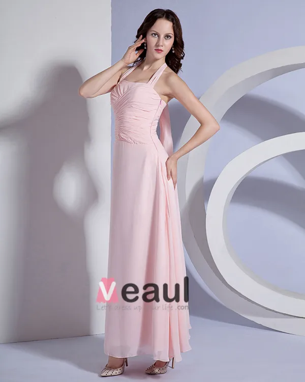 Solid Pleated Chiffon Halter Floor Length Bridesmaid Dresses