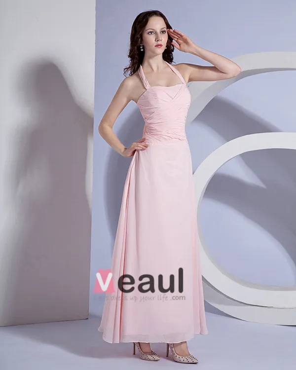 Solid Pleated Chiffon Halter Floor Length Bridesmaid Dresses