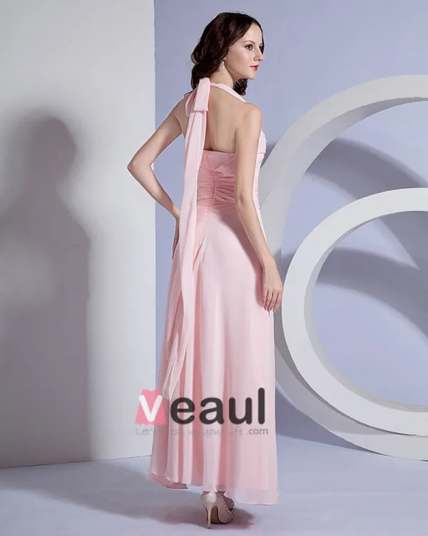 Solid Pleated Chiffon Halter Floor Length Bridesmaid Dresses