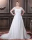 A-Line V Neck Short Sleeve Sweep Satin Organza Lace Plus Size Wedding Dress