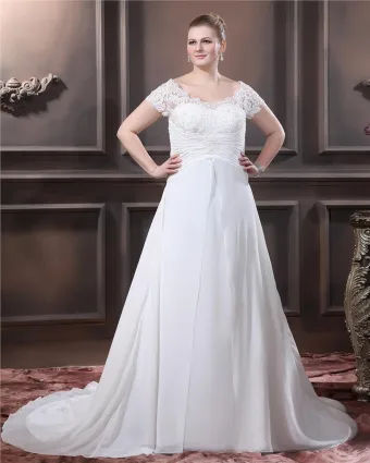A Line V Neck Short Sleeve Sweep Satin Organza Lace Plus Size Wedding Dress