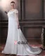 A-Line V Neck Short Sleeve Sweep Satin Organza Lace Plus Size Wedding Dress