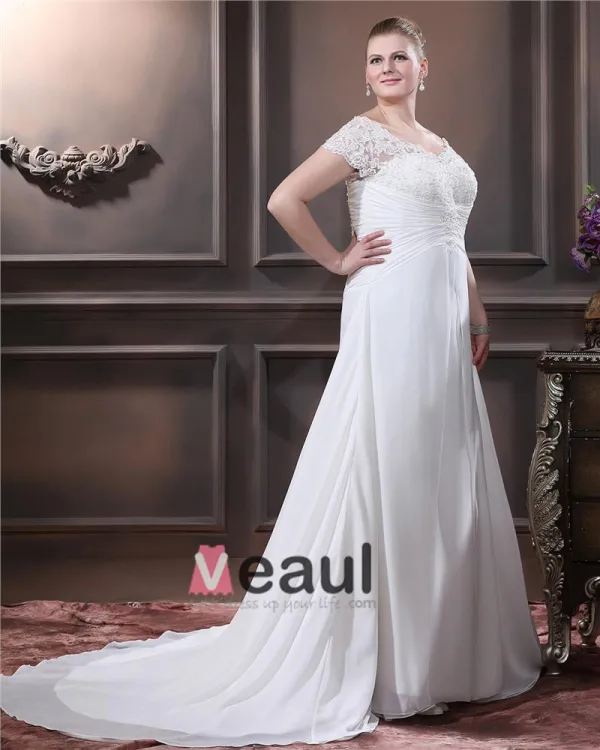 A-Line V Neck Short Sleeve Sweep Satin Organza Lace Plus Size Wedding Dress