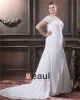 A-Line V Neck Short Sleeve Sweep Satin Organza Lace Plus Size Wedding Dress