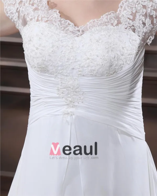 A-Line V Neck Short Sleeve Sweep Satin Organza Lace Plus Size Wedding Dress
