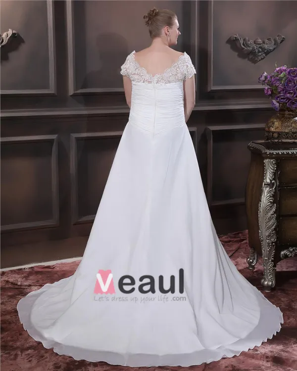 A-Line V Neck Short Sleeve Sweep Satin Organza Lace Plus Size Wedding Dress