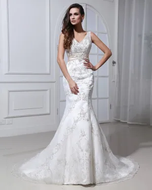 Perlant Applique V Cou Tribunal Sirène Robes De Mariage Nuptiales De Robe