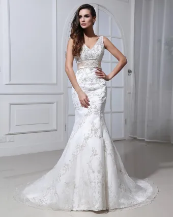 Lace Beading Applique V Neck Court Mermaid Bridal Gown Wedding Dresses