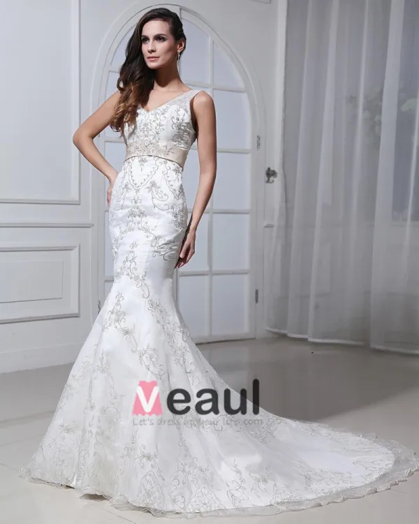 Perlant Applique V Cou Tribunal Sirène Robes De Mariage Nuptiales De Robe