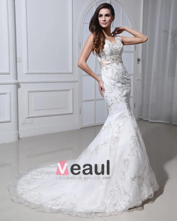Perlant Applique V Cou Tribunal Sirène Robes De Mariage Nuptiales De Robe