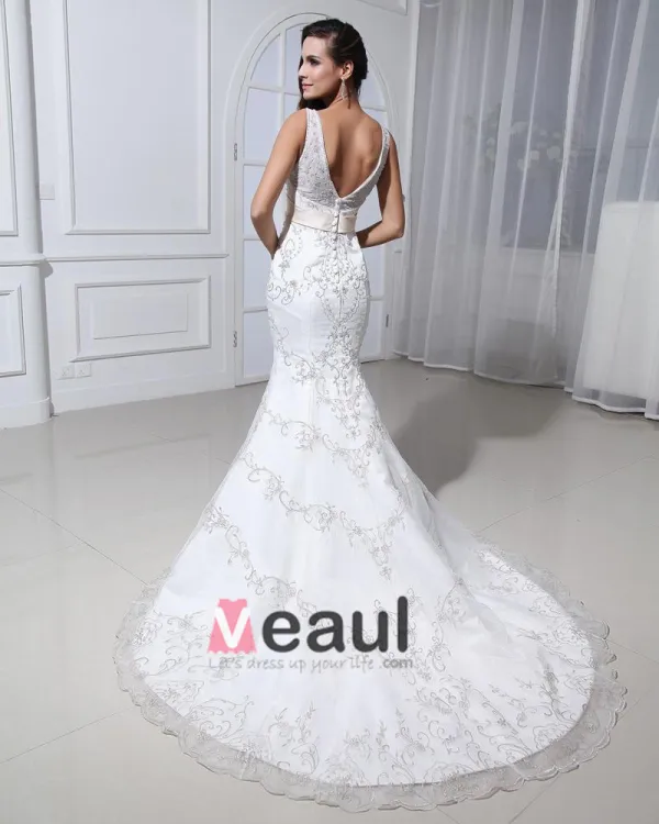 Perlant Applique V Cou Tribunal Sirène Robes De Mariage Nuptiales De Robe