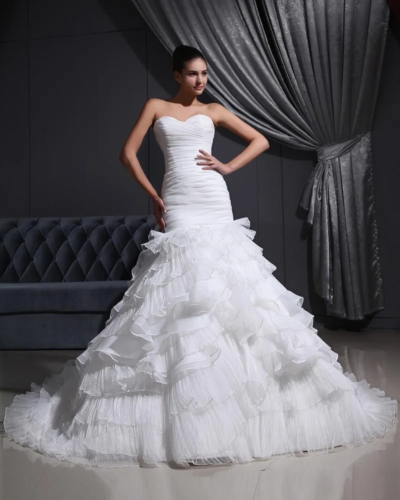 Kjaereste Hals Organza Satin Tyll Fold Havfrue Brudekjoler Bryllupskjoler