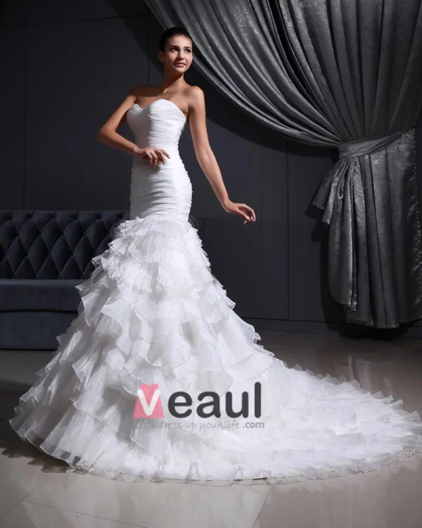Sweetheart-Neck 2080Organza Satin Tulle Pleat Mermaid Wedding Dress