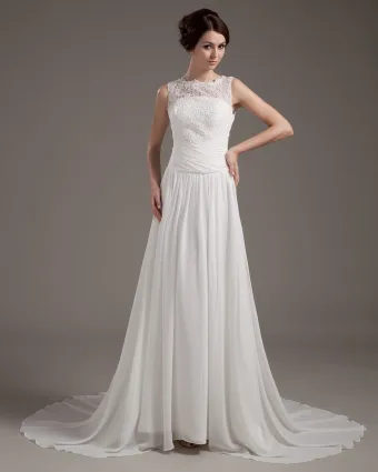 Satin Lace Applique Sweep Sheath Bridal Gown Wedding Dress