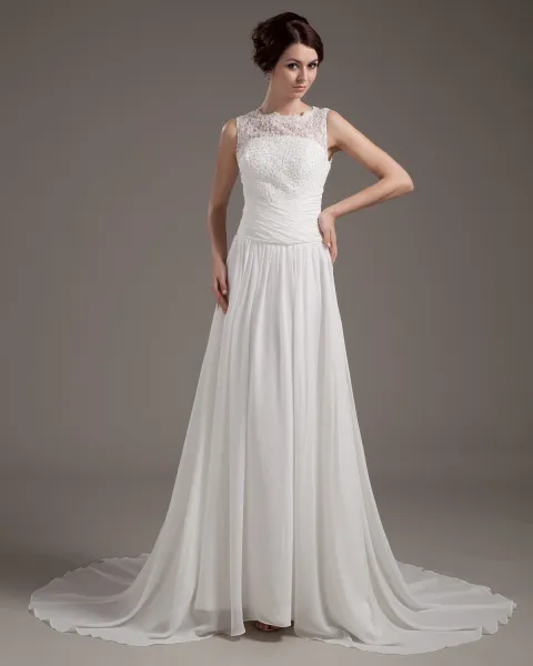 Satin Lace Applique Sweep Sheath Bridal Gown Wedding Dress