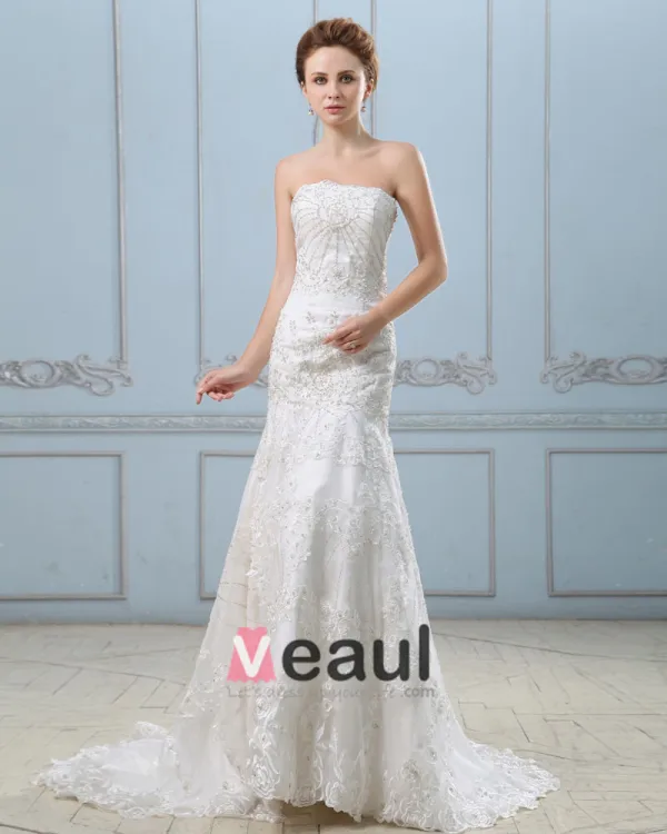 Broderie Perles Bretelles Train Chapelle Satin Robe De Mariée Fourreau