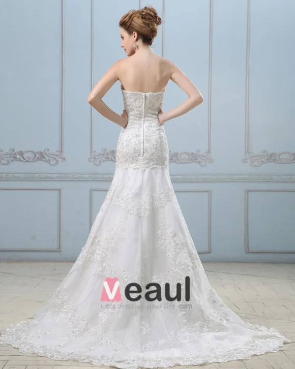 Broderie Perles Bretelles Train Chapelle Satin Robe De Mariée Fourreau