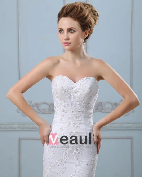 Broderie Perles Bretelles Train Chapelle Satin Robe De Mariée Fourreau