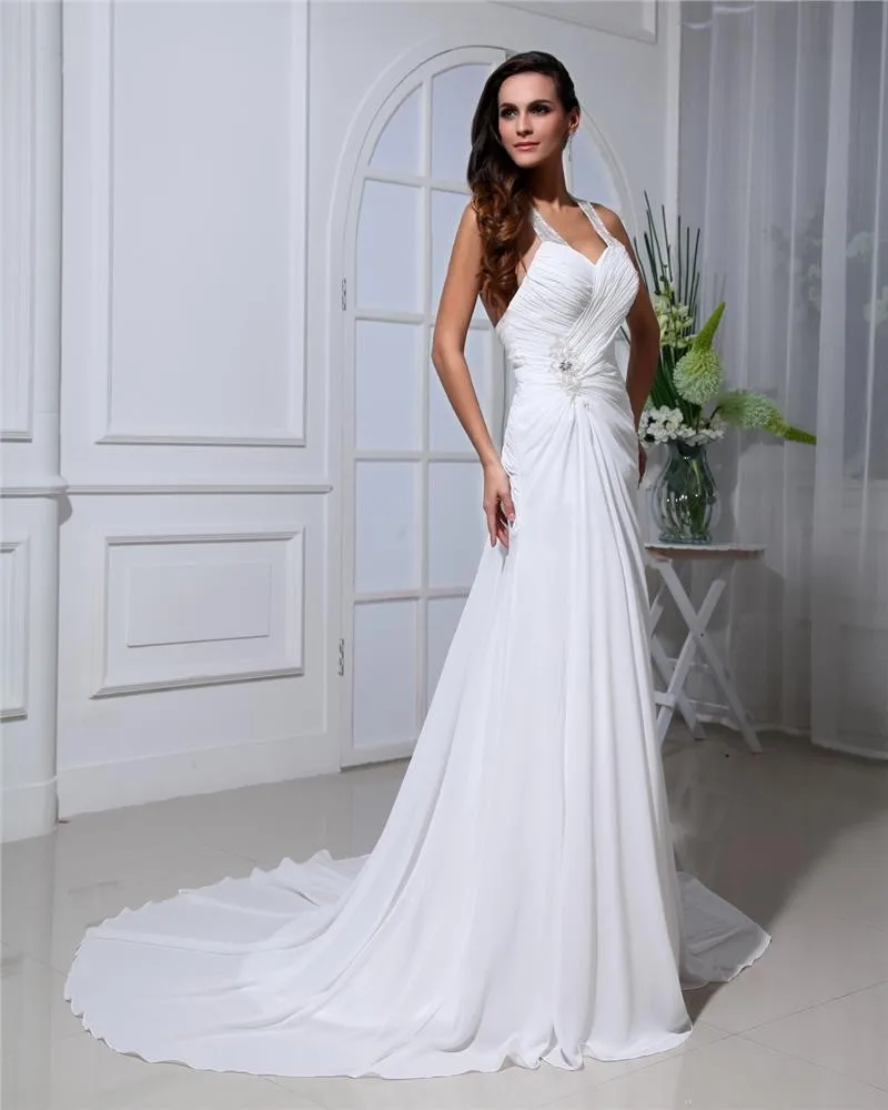 Chiffon Ruffles Halter Katedralen Tog Skjede Brudekjoler Bryllupskjoler