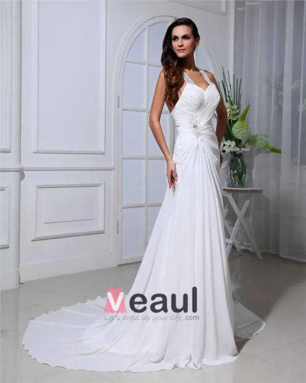 Mousseline De Soie Volants Cathedrale Licol Train Robes De Mariée De La Gaine