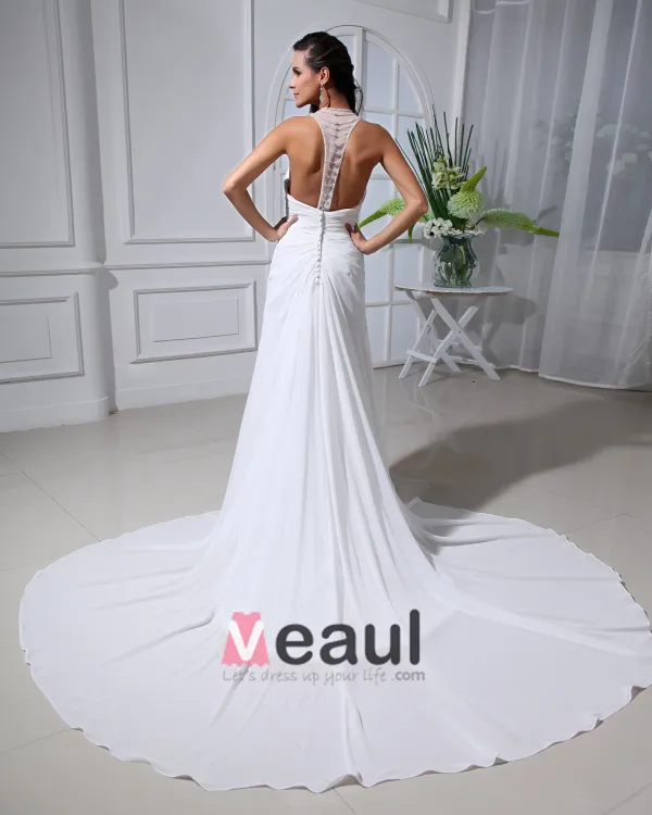 Mousseline De Soie Volants Cathedrale Licol Train Robes De Mariée De La Gaine