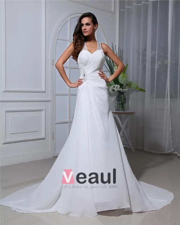 Mousseline De Soie Volants Cathedrale Licol Train Robes De Mariée De La Gaine
