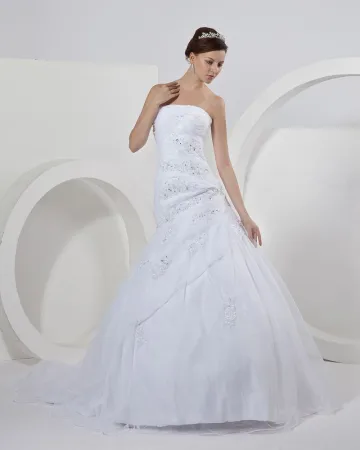 Satin Organza Trägerlose Bördelnde Applique Rüschen Nixe Brautkleid Hochzeitskleider
