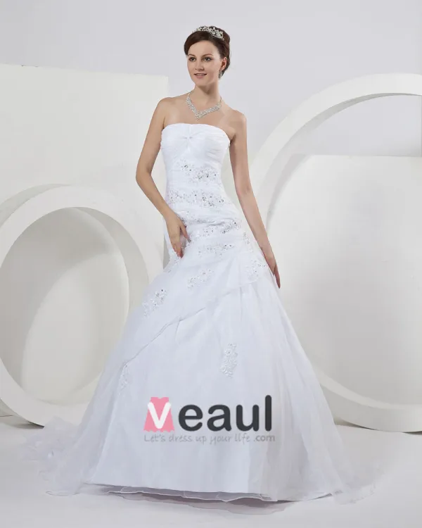 Satijn Organza Strapless Kralen Applique Ruches Zeemeermin Bruidsjurken Trouwjurken