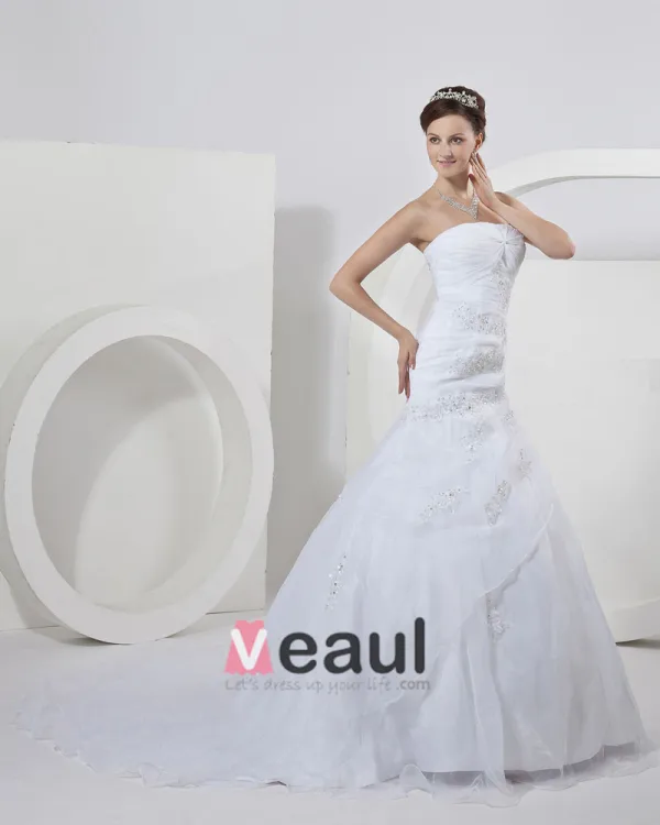 Satijn Organza Strapless Kralen Applique Ruches Zeemeermin Bruidsjurken Trouwjurken